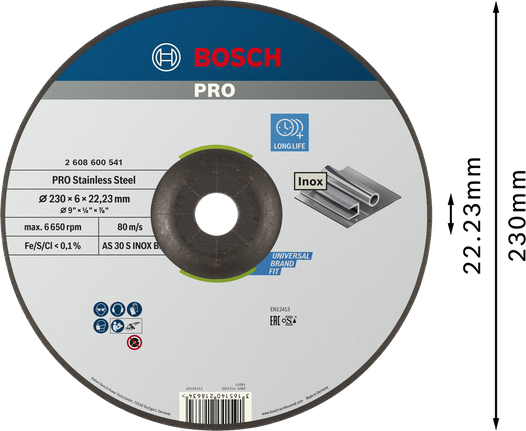 Disco de desbaste de acero inoxidable Bosch PRO de 230 mm.